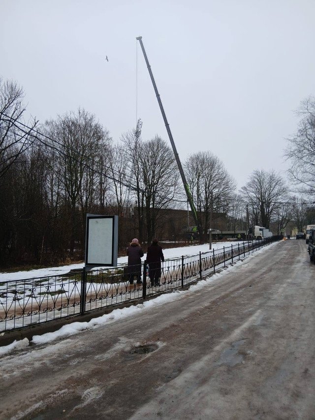 В Ивангороде демонтировали накренившуюся вышку сотовой связи - Работы по разбору объекта проводились утром, предупреждающие знаки были установлены на месте.