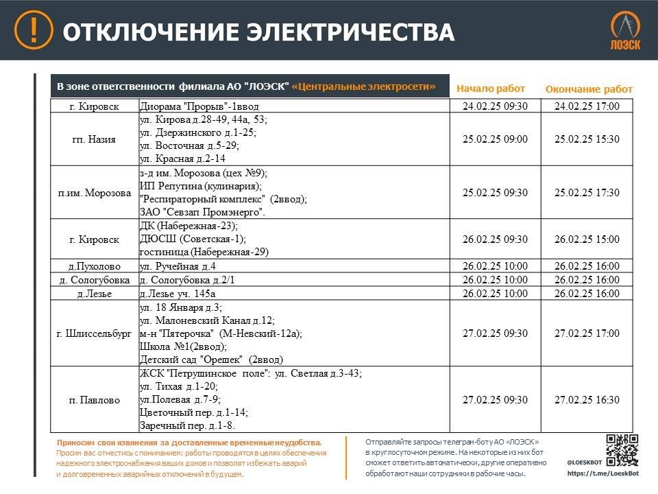 График отключений электроэнергии в Ленобласти на ближайшую неделю - В ЛОЭСК рассказали, где в Ленобласти не будет света в связи с плановыми работами на электросетях.