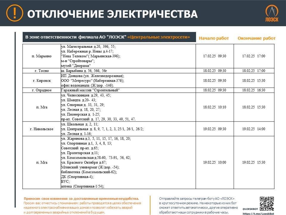 График отключений электричества в Ленобласти с 17 по 23 февраля - В ЛОЭСК рассказали, где в Ленобласти не будет света в связи с плановыми работами на электросетях.