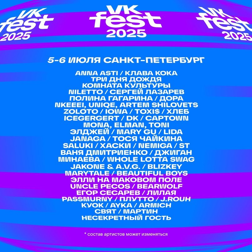 VK Fest объявил список артистов на фестивале - Сергей Лазарев, Полина Гагарина, Найк Борзов, Сироткин, Дора и Betsy присоединились к лайнапу и испо