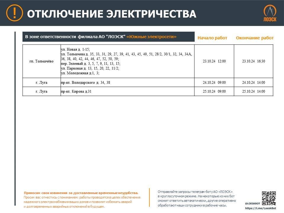 Публикуем график отключений электричества на новой неделе - В ЛОЭСК рассказали, где в регионе не будет электричества в связи с плановыми работами на электросетя