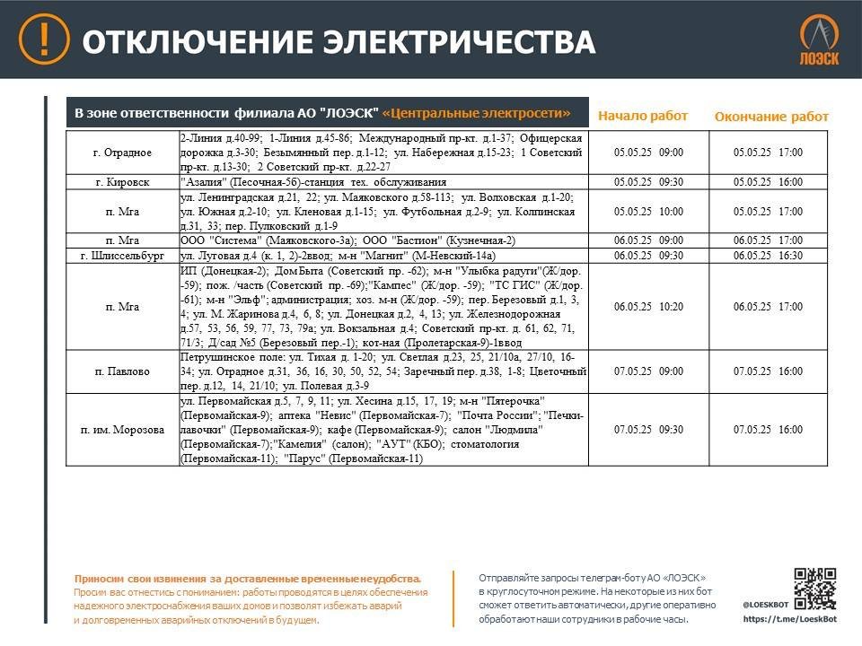 Опубликован график отключения электричества в Ленобласти на майских праздниках - В ЛОЭСК рассказали, где в регионе не будет электричества в связи с плановыми работами на электросетя