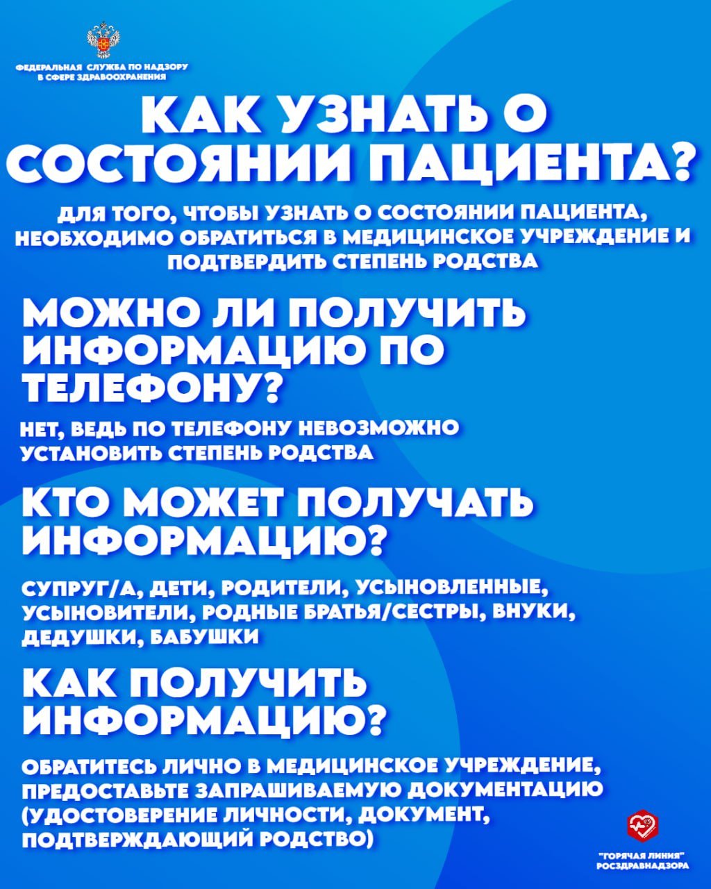 В Росздравнадзоре рассказали, как узнать о состоянии пациента и кто это может сделать - Росздравнадзор РФ представил краткую информацию на тему, кто и как может получить информацию о состо