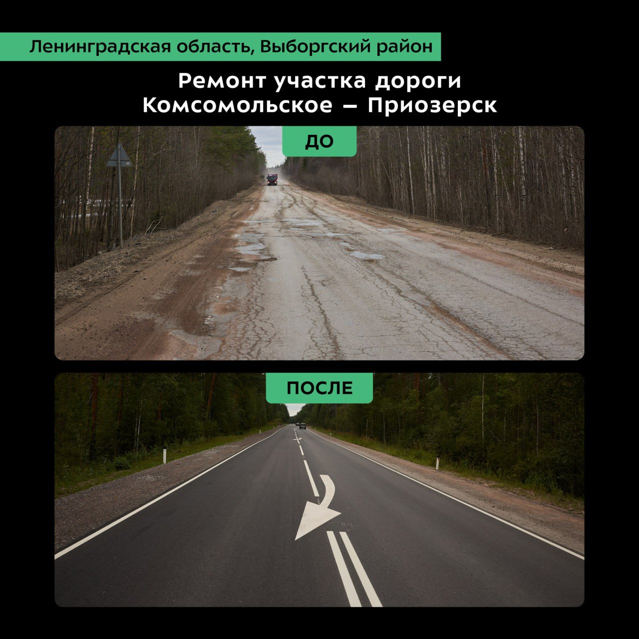 В Выборгском районе завершился ремонт участка дороги Комсомольское – Приозерск - Работы проводились вдоль Возрождения и недалеко от Каменногорска.