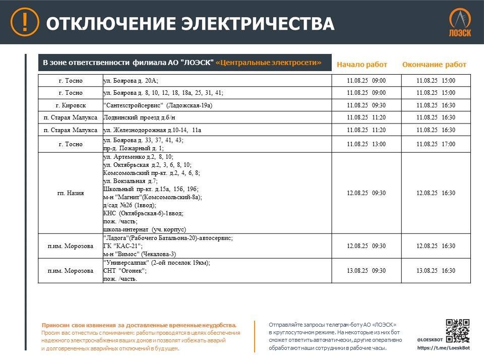 График отключений электричества в Ленобласти на этой неделе - На этой неделе в регионе пройдут плановые ремонтные работы на объектах энергетической инфраструктуры