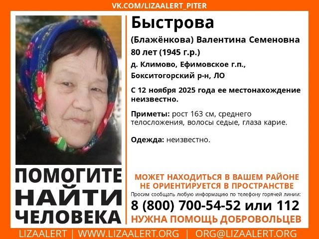 В Бокситогорском районе без вести пропала 80-летняя женщина - Пенсионерка может находится в вашем районе, она не ориентируется в пространстве.