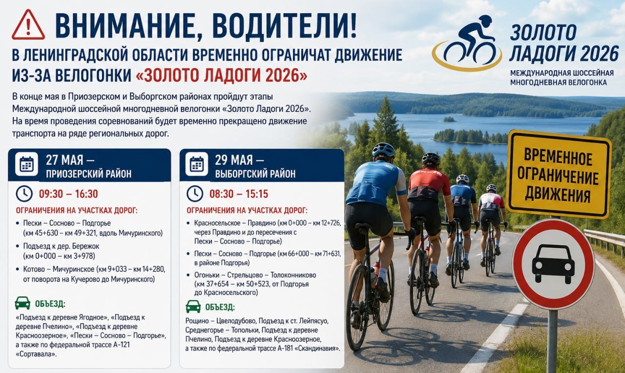 В Ленобласти ограничат движение из-за велогонки «Золото Ладоги 2026» - 27 мая будет временно прекращено движение транспорта на некоторых дорогах Приозерского района, а 29 