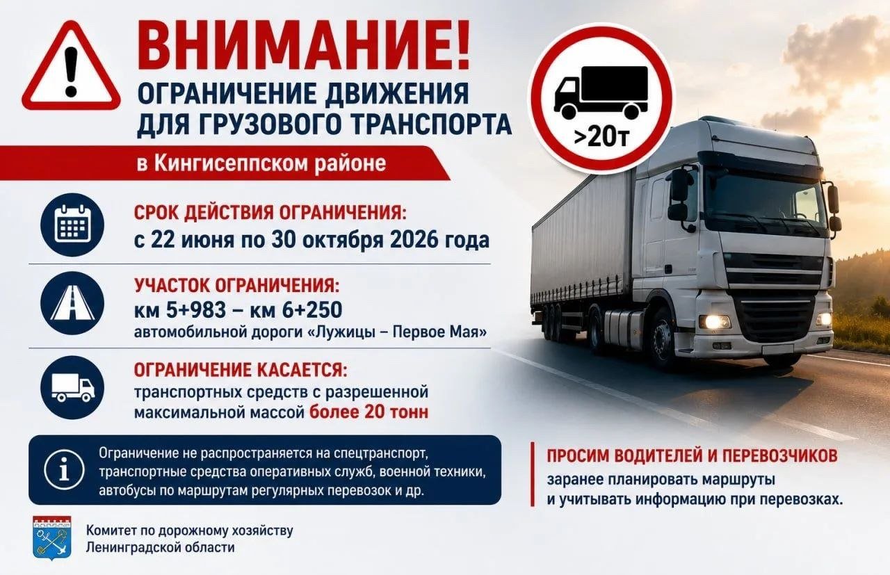 В Кингисеппском районе временно ограничат движение для грузовиков - Ограничение коснется транспорта с разрешенной максимальной массой более 20 тонн.