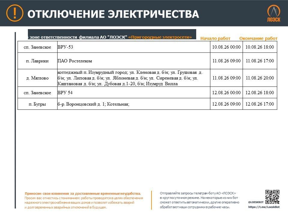 Публикуем график отключения электричества в Ленобласти до 16 августа - Опубликован график плановых отключений электричества в регионе на следующей неделе.