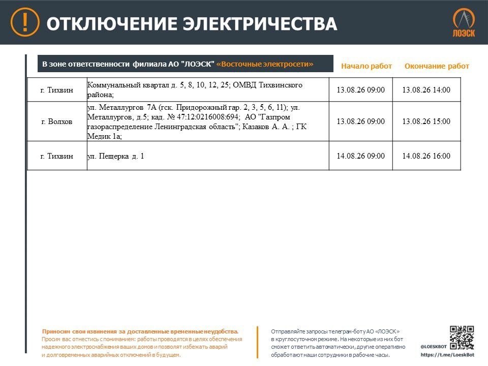 Публикуем график отключения электричества в Ленобласти до 16 августа - Опубликован график плановых отключений электричества в регионе на следующей неделе.
