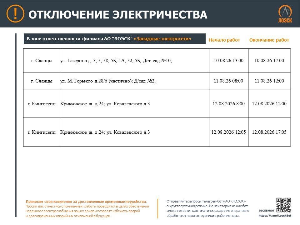 Публикуем график отключения электричества в Ленобласти до 16 августа - Опубликован график плановых отключений электричества в регионе на следующей неделе.