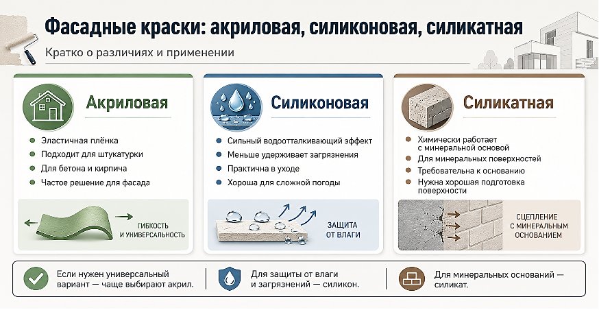 Фасадная краска: виды, свойства и нанесение - Свойства фасадных красок, различия акриловых, силиконовых и силикатных составов, подготовка основани