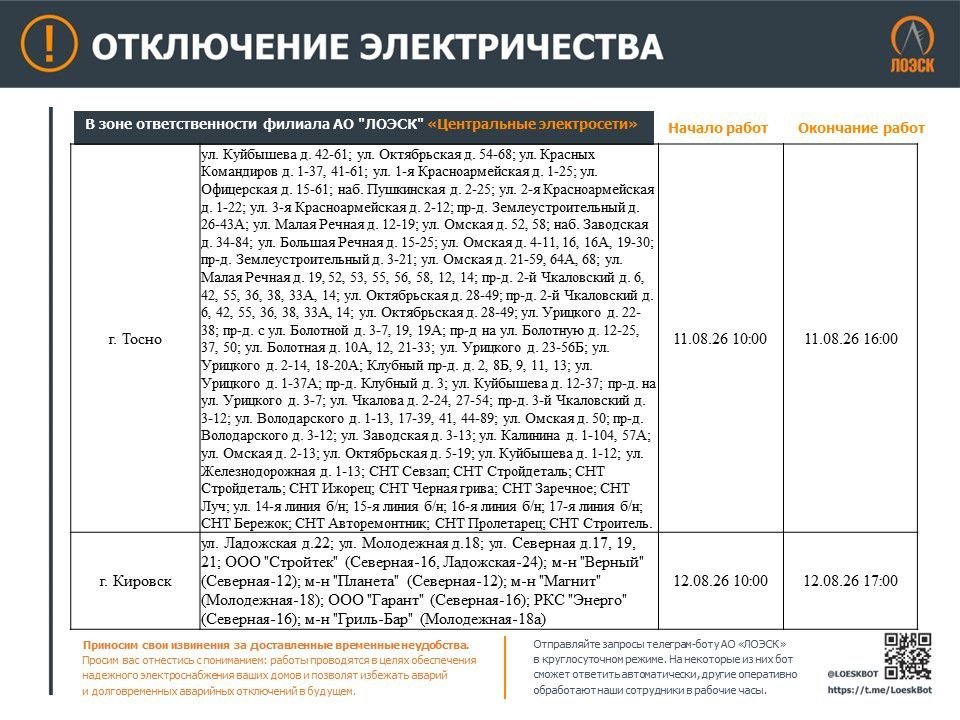Публикуем график отключения электричества в Ленобласти до 16 августа - Опубликован график плановых отключений электричества в регионе на следующей неделе.