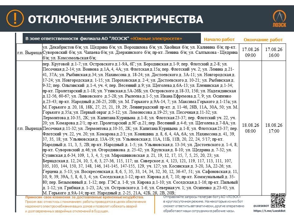 Где в Ленобласти не будет электричества на этой неделе: график - Опубликован график плановых отключений электричества в регионе.
