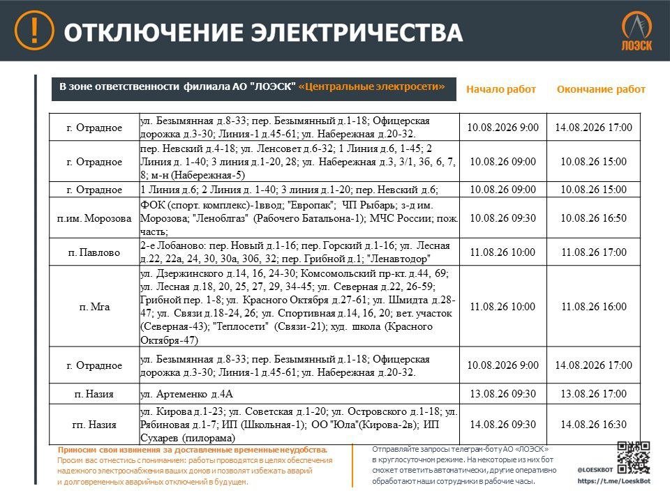 Публикуем график отключения электричества в Ленобласти до 16 августа - Опубликован график плановых отключений электричества в регионе на следующей неделе.