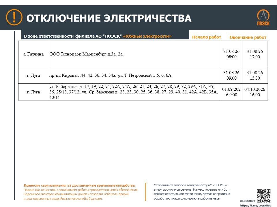 Отключения электричества пройдут в Ленобласти до 6 сентября